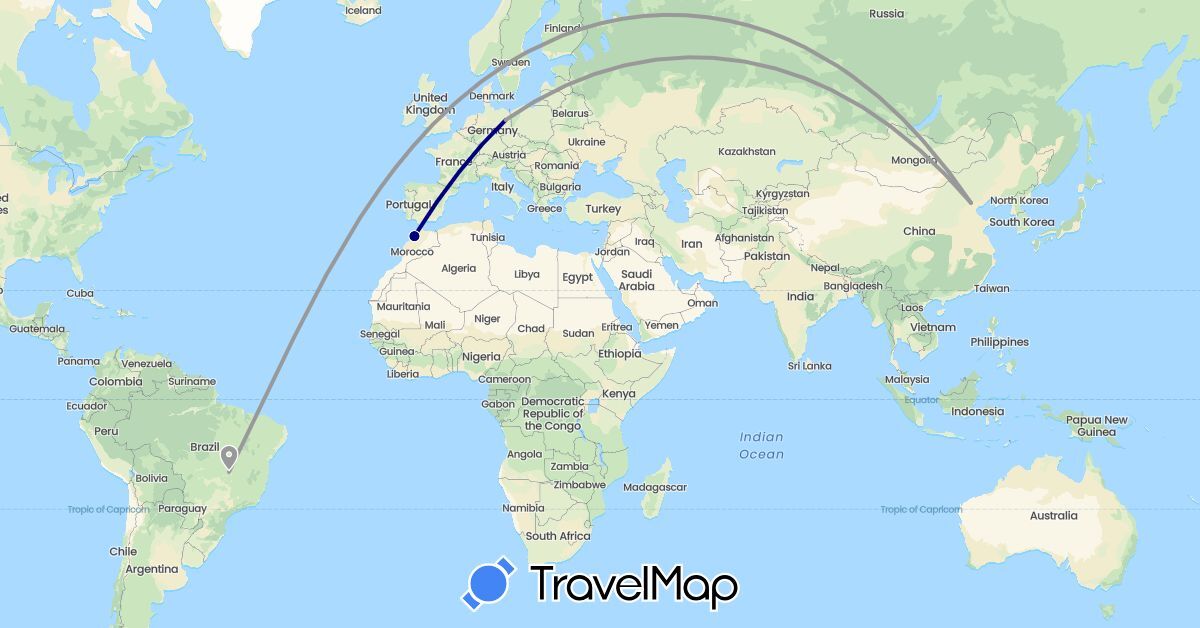 TravelMap itinerary: driving, plane in Brazil, China, Germany, Morocco (Africa, Asia, Europe, South America)